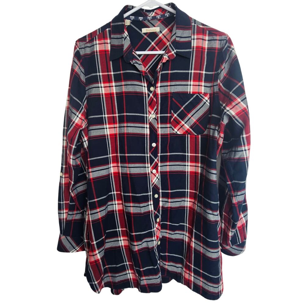 Barbour Blouse Women 10 Checked Fairway LS Button  Shirt w Pockets Dark Acadmia
